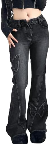 Sunidol Womens Y2K Girl Butterfly Petite Flare Jeans Low Rise